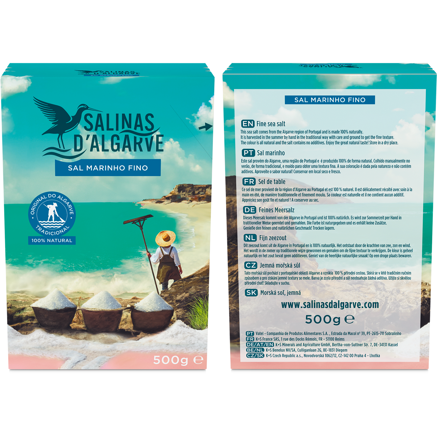 Packaging front and back Salinas d'Algarve Sal Marinho fino 500 g